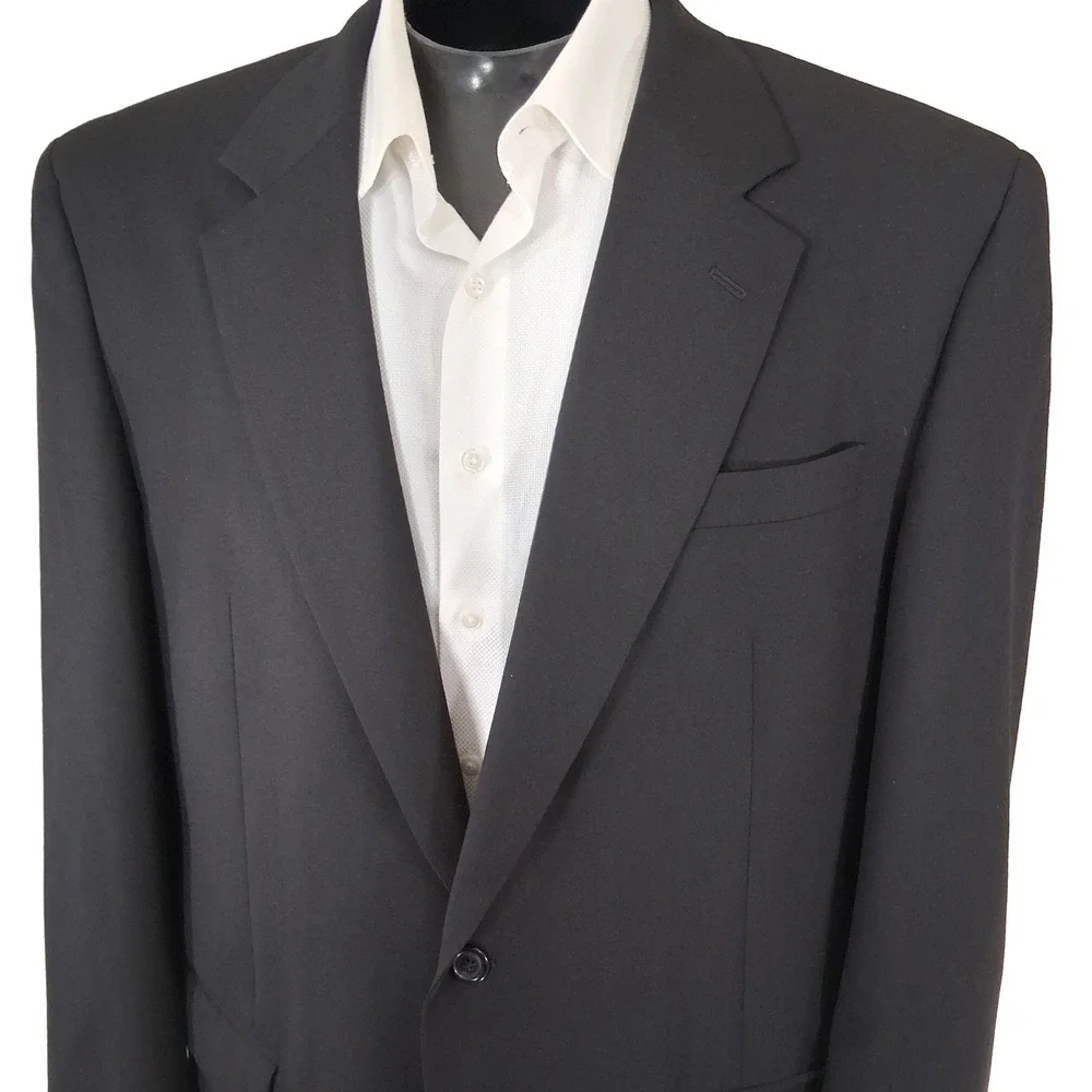 Jos. A. Bank Blazer Mens 46L Solid Black 100% Wool Two Button Sport Coat Classic